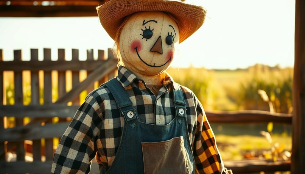 A scarecrow figure with a worn flannel shirt and patched overalls, standing in a rustic farm setting. The lighting is warm and golden, casting soft shadows that accentuate the texture of the weathered fabric. The scarecrow's burlap head has a friendly, curious expression, inviting the viewer to imagine the character's personality. In the background, a wooden fence and a field of tall crops suggest a pastoral scene, setting the stage for a charming, homespun DIY scarecrow costume.