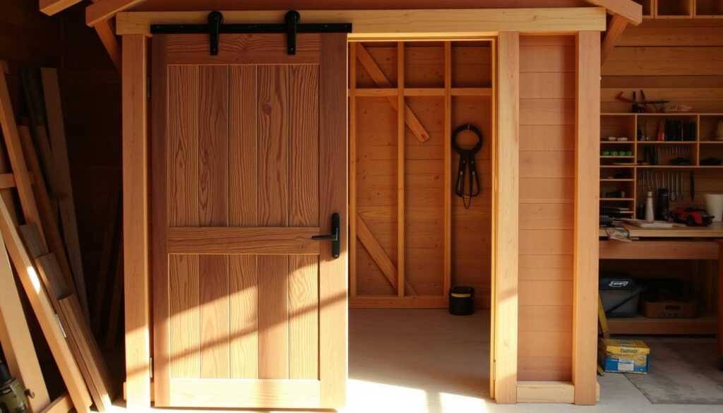 A well-crafted shed door being installed, illuminated by warm, natural lighting. The foreground shows the door's intricate wood grain and sturdy hardware being carefully positioned. The middle ground depicts the door frame's precise measurements and careful alignment. In the background, a neatly organized workbench and an assortment of DIY tools suggest a focused, methodical process. The overall scene conveys a sense of craftsmanship, attention to detail, and the satisfaction of a job well done.