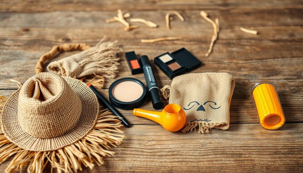 A well-lit, high-resolution image of a neatly arranged collection of materials and tools for a DIY scarecrow costume. In the foreground, an assortment of accessories including a straw hat, burlap sack, and corncob pipe. In the middle ground, various makeup products like face paint, eyeliner, and a makeup brush. In the background, a textured wooden surface with a few stray pieces of straw, creating a rustic, homemade atmosphere. The lighting is soft and natural, highlighting the handcrafted nature of the setup. The entire scene conveys a sense of whimsical, autumnal charm, perfectly suited for crafting a charming scarecrow costume.