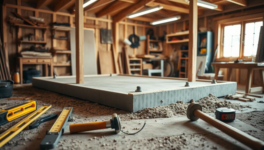 A well-lit woodworking workshop, the focus on a sturdy shed foundation. In the foreground, various construction tools are neatly arranged - a level, a hammer, and a tape measure. The middle ground showcases the foundation techniques, with detailed views of the concrete pad, anchor bolts, and wooden mudsills. The background features a clean, organized workspace, with shelves of materials and a workbench. The lighting is natural, with soft shadows casting a warm, inviting atmosphere. The camera angle is slightly elevated, providing a clear, comprehensive view of the foundation-building process. The overall mood is one of precision, organization, and a commitment to creating a durable, long-lasting structure.
