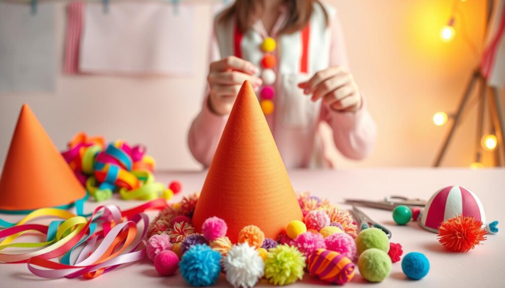 A whimsical step-by-step guide to assembling a colorful clown hat. In the foreground, a series of neatly arranged clown hat components - a large, vibrant cone-shaped base, ribbons, pompoms, and an array of brightly colored fabrics. The middle ground features a pair of skilled hands carefully assembling the hat, using a variety of simple tools and materials. The background depicts a cheerful, playful scene, with a pastel-colored backdrop and subtle lighting that casts a warm, festive glow over the entire composition. The overall atmosphere is one of lighthearted creativity and DIY charm, perfectly suited for a clown costume tutorial.