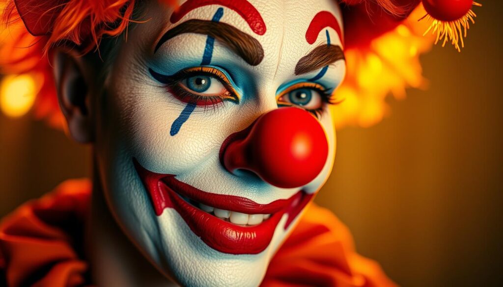 Clown makeup techniques: A close-up shot of a face with theatrical clown makeup, showcasing the essential elements - bold red nose, exaggerated smile lines, vibrant eyebrows, and dramatic eye makeup. The lighting is warm and diffused, casting a playful, whimsical glow. The focus is sharp on the facial features, with a shallow depth of field blurring the background. The mood is one of playful, captivating artistry, inviting the viewer to explore the techniques used to transform a face into a clown's colorful canvas.